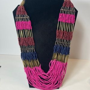 25" Large Pink Beaded Statement Necklace Multi Strand